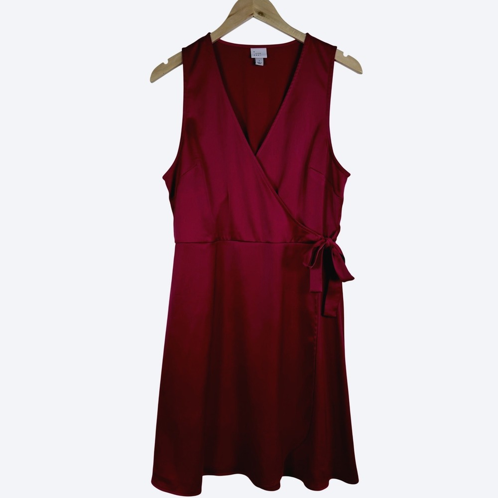 A New Day Satin Sleeveless Faux Wrap Mini Dress sz L Burgundy Wine Side Tie LBD